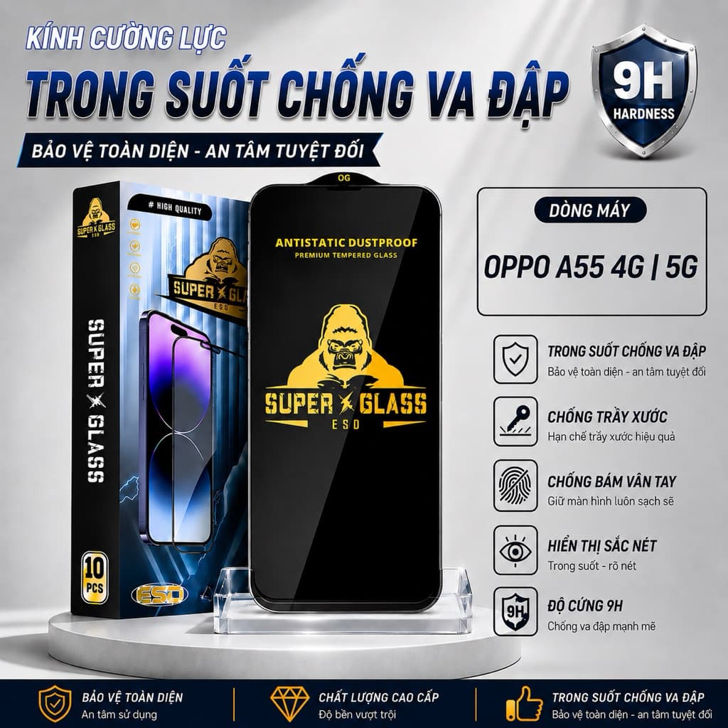 Kính cường lực Oppo A55 4G, 5G full màn miếng dán bảo vệ màn hình điện thoại khi rơi va đập