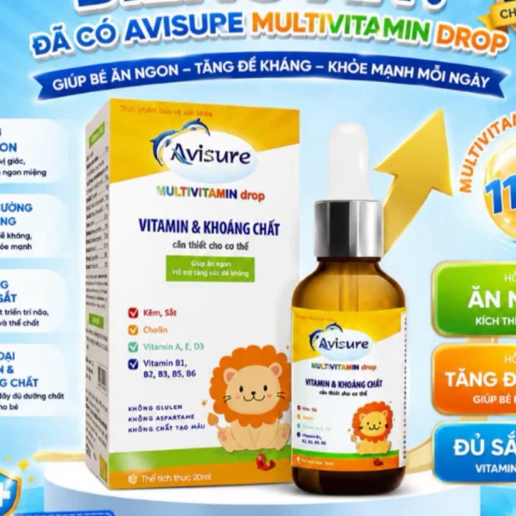 Avisure Multivitamin drops giúp bổ sung vitamin và khoáng chất cần thiết cho cơ thể.Giúp trẻ ăn ngon,hỗ trợ tiêu hóa tốt