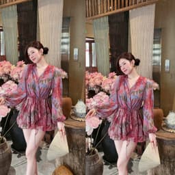 "DAY CHIC -Áo Voan Họa Tiết Hoa Văn Dáng Xòe Rút Dây Chiết Eo Tay Dài Bồng Phong Cách Vintage  " 1