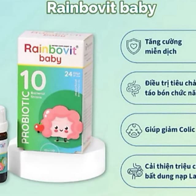 Rainbovit Baby ( Hộp 10 ml .MÀU XANH )Men Vi Sinh 10 Chủng,cải thiện tiêu hóa, biếng ăn, tăng đề kháng .xuất xứ Ba Lan