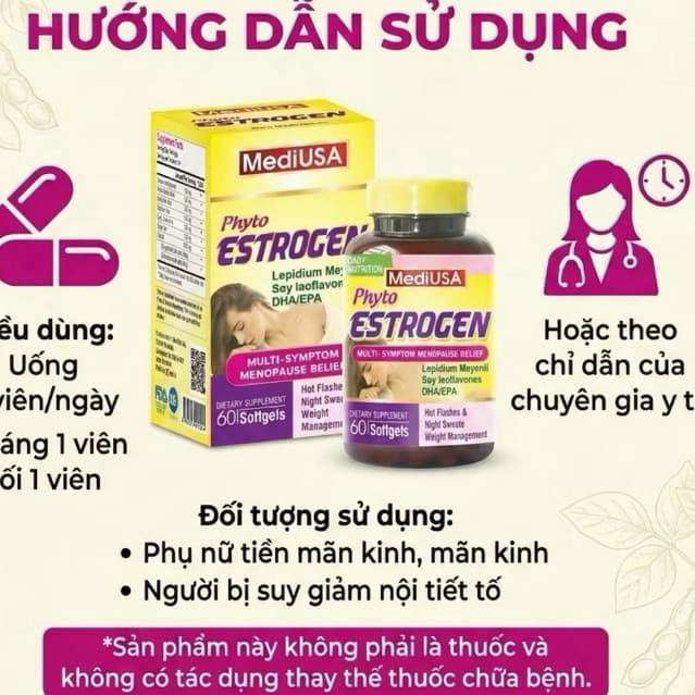 Viên uống Phyto Estrogen MediUSA - Giúp da sáng mịn, mờ nám, tăng cường sinh lý nữ và cải thiện nội tiết Hộp 60 viên