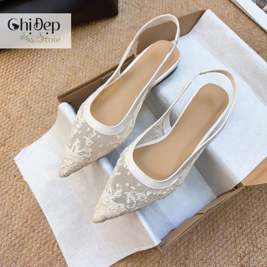 Giày sandal mũi nhọn ren hoa, giày đế bệt vải lưới Chị Đẹp Store mã U154