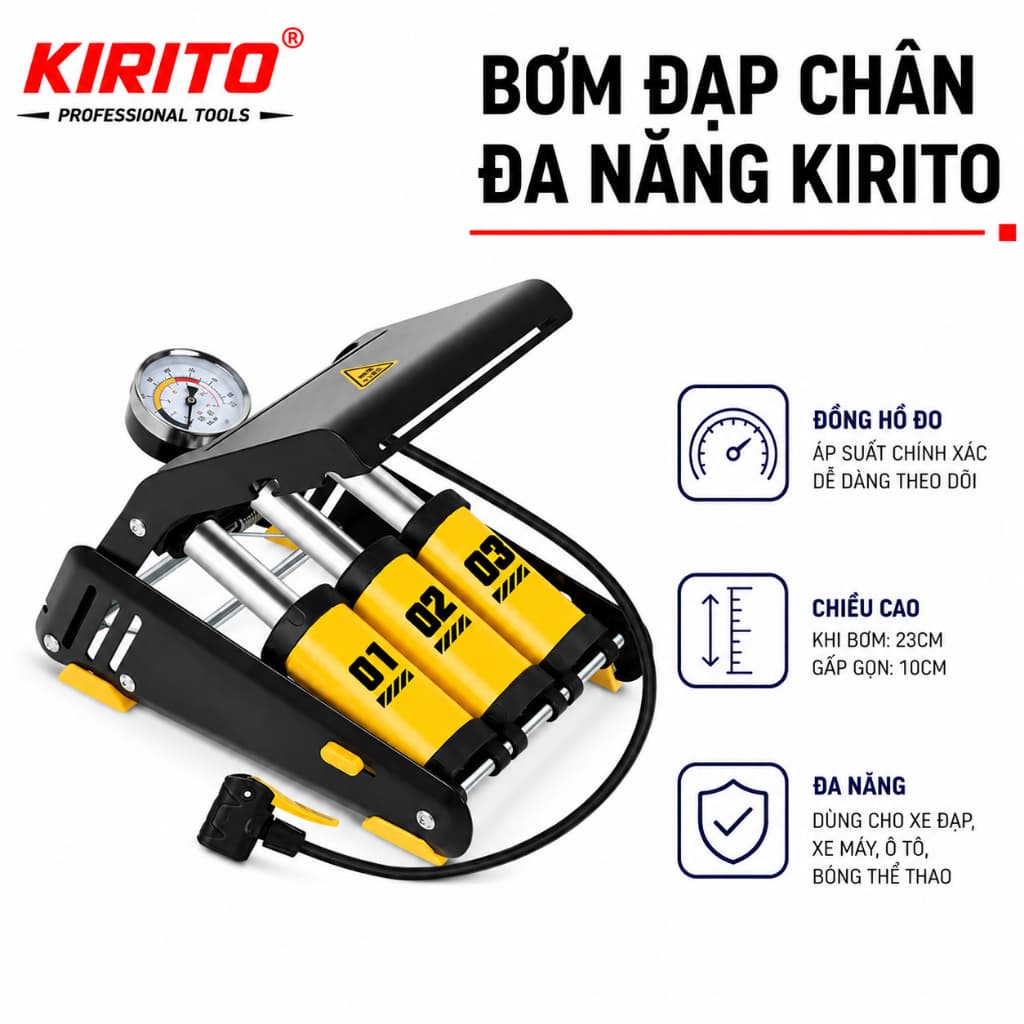 Bơm Đạp Chân Kirito 1/2/3 Piton – Bơm Xe Máy, Oto, Xe Đạp – Bơm Siêu Nhanh, Đa Năng