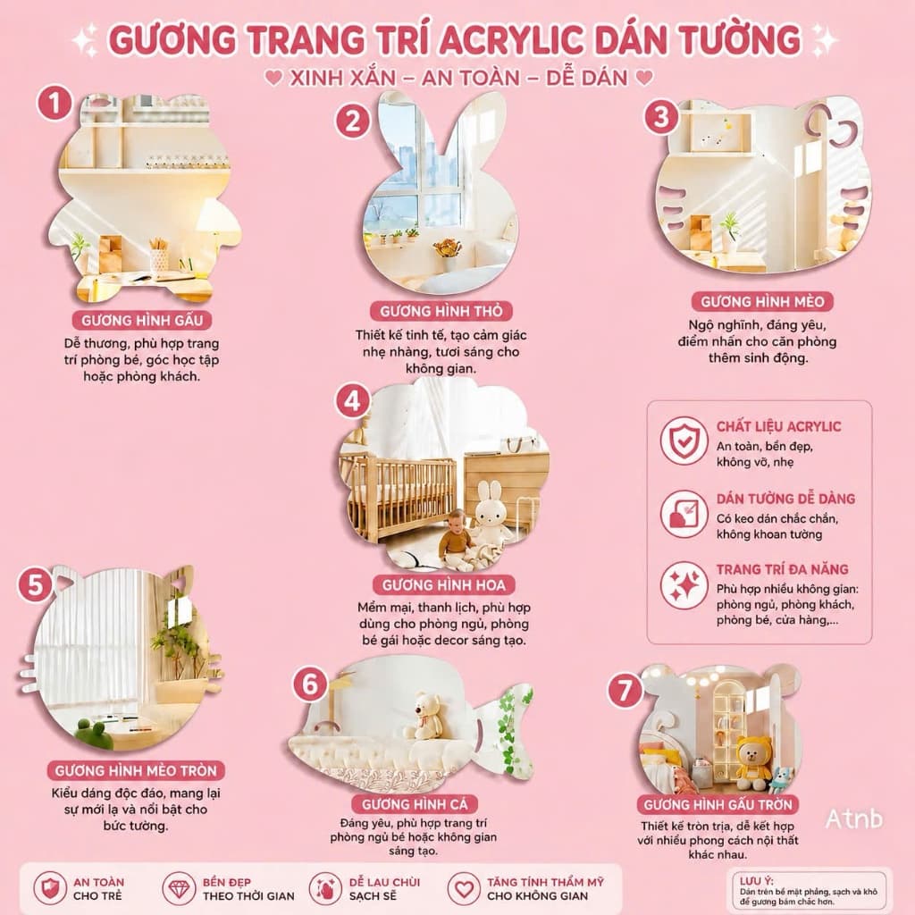 ✨ GƯƠNG TRANG TRÍ ACRYLIC DÁN TƯỜNG – XINH XẮN, AN TOÀN, DỄ DÁN 💕