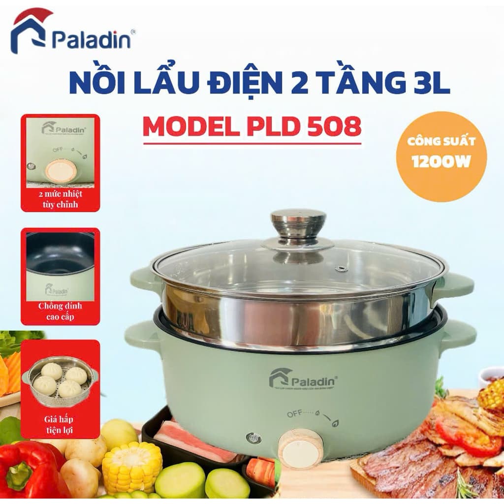Nồi Lẩu - Nướng - Chiên - Xào Đa Năng Chống Dính PLD 508 - 2 Tầng 3 Lit, Có Thể Tháo Rời