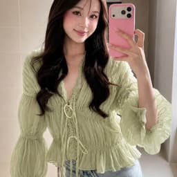 Áo Babydoll Kiểu Voan Nhún Bèo Tay Dài Buộc Nơ Vibe Hàn Quốc Mặc Đi Biển, Du Lịch Ananclothing4 7