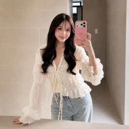 Áo Babydoll Kiểu Voan Nhún Bèo Tay Dài Buộc Nơ Vibe Hàn Quốc Mặc Đi Biển, Du Lịch Ananclothing4 2