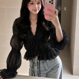 Áo Babydoll Kiểu Voan Nhún Bèo Tay Dài Buộc Nơ Vibe Hàn Quốc Mặc Đi Biển, Du Lịch Ananclothing4 8