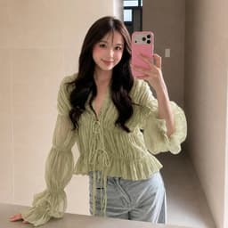 Áo Babydoll Kiểu Voan Nhún Bèo Tay Dài Buộc Nơ Vibe Hàn Quốc Mặc Đi Biển, Du Lịch Ananclothing4 4