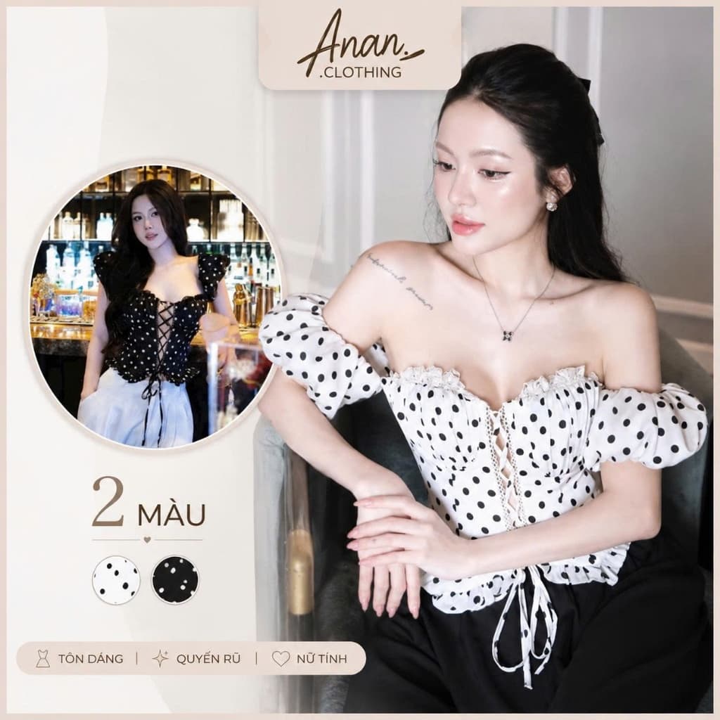 ÁO CHẤM BI TAY BỒNG CÚP NGỰC ĐAN DÂY 2 MÀU SIU HOT anan clothing