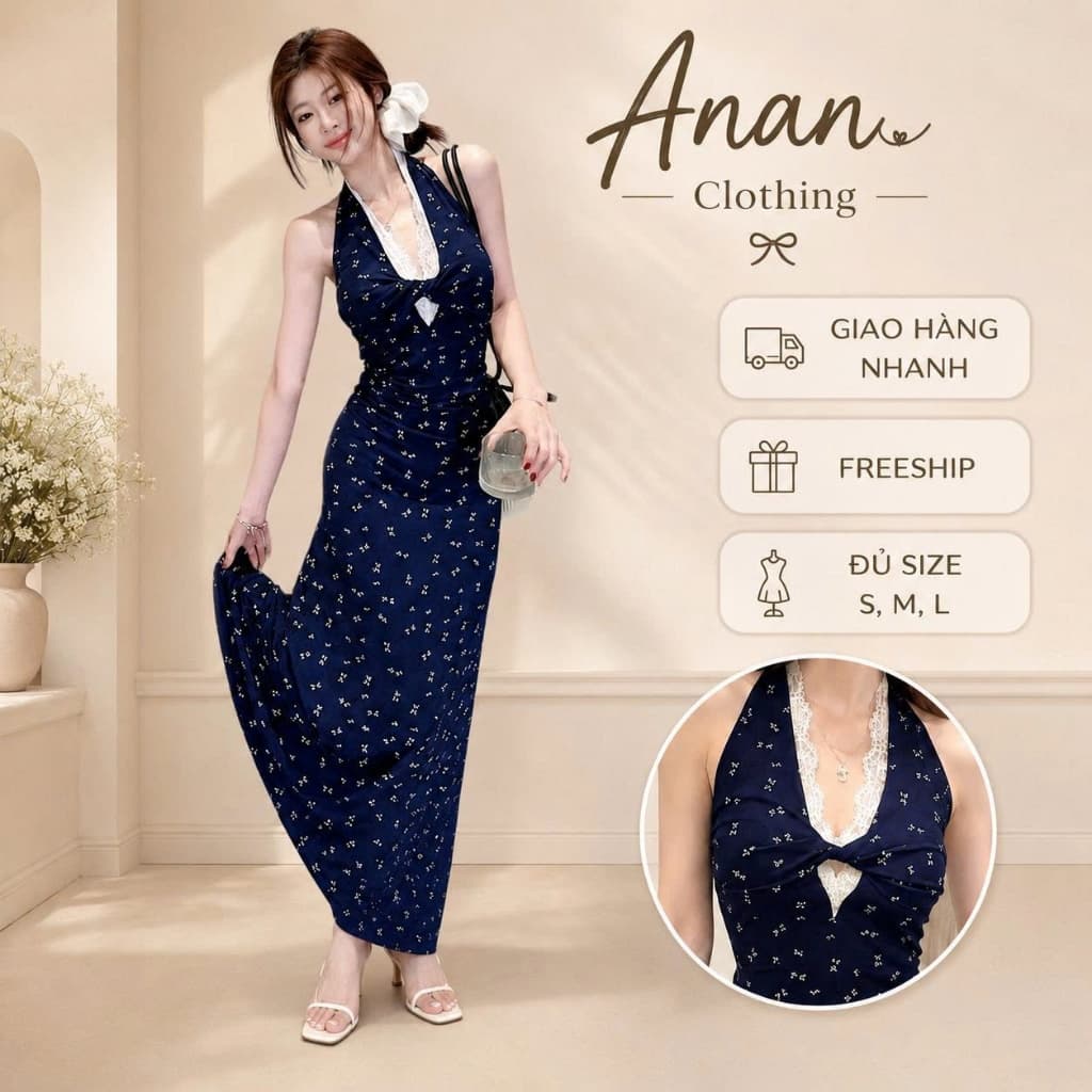 Đầm body cổ yếm xoắn phối viền ren xanh navy, họa tiết hoa nhí dáng ngắn - dài