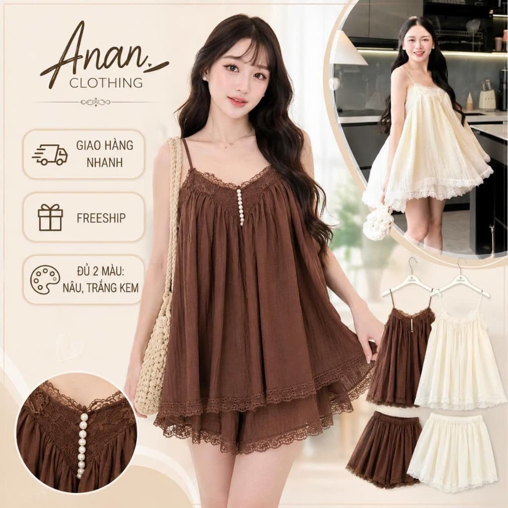 Set Đũi Nhăn Mềm Áo Hai Dây Ren Đính Cúc Ngọc Phối Quần Short Bèo Nữ Vintage Hàn Quốc Mặc Đi Chơi, Đi Biển Ananclothing4