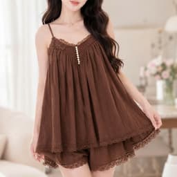 Set Đũi Nhăn Mềm Áo Hai Dây Ren Đính Cúc Ngọc Phối Quần Short Bèo Nữ Vintage Hàn Quốc Mặc Đi Chơi, Đi Biển Ananclothing4 3