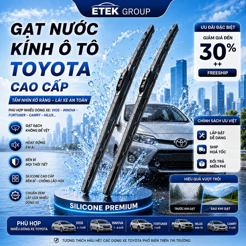 BỘ GẠT MƯA Xe TOYOTA Vios, Camry, Altis, Fortuner, Yaris - COMBO 2 GẠT Thân Mềm 3 Khúc Cao Cấp UP PARTS