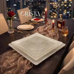 BỘ 2 ĐĨA THỦY TINH VUÔNG VÂN LƯỚI CRISTA HOME 24CM & 27.5CM CAO CẤP DECOR BÀN TIỆC 60227 3