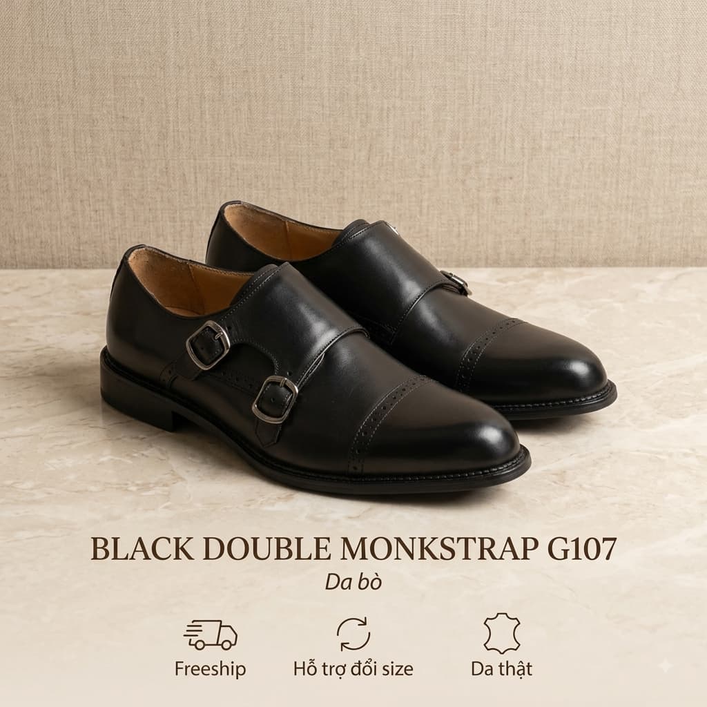 Giày Tây Da Bò Saint Stefano G107 - Monkstrap Khoá Đôi - Cap Toe Brogues - Mầu đen