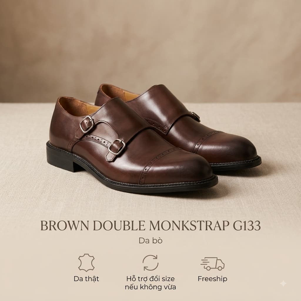Giày Tây Da Bò Saint Stefano G133 - Monkstrap Khoá Đôi - Cap Toe Brogues - Mầu nâu