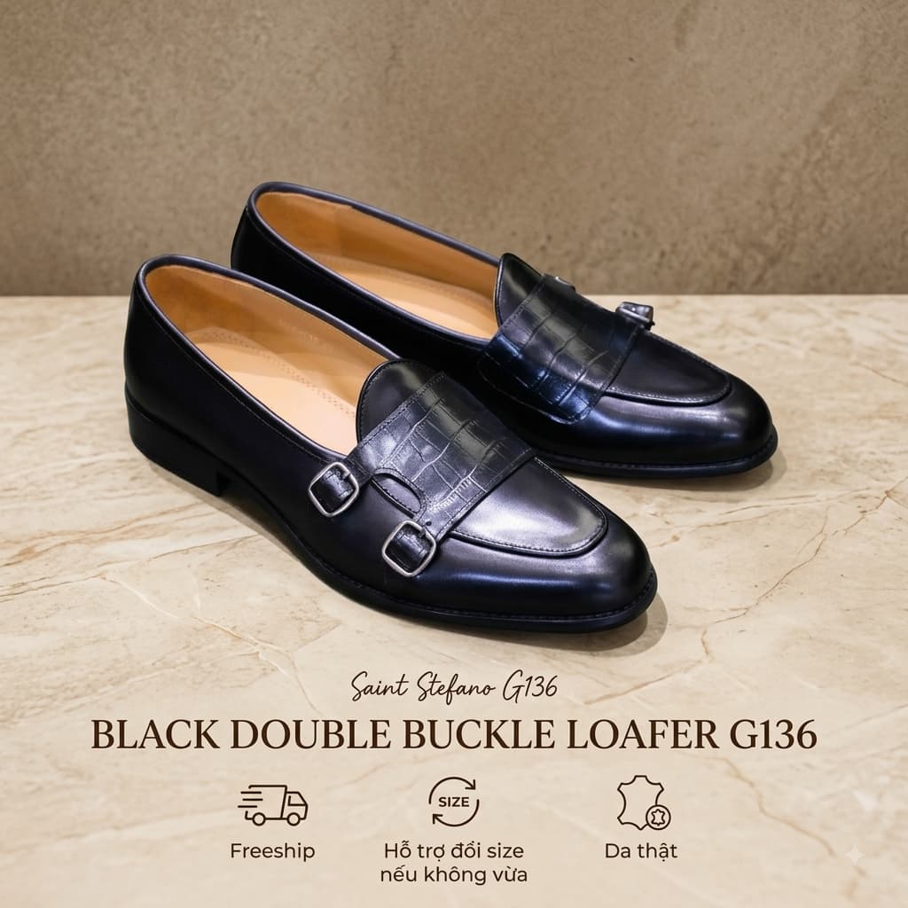 Giày Da Bò Saint Stefano G136 - Loafer Khoá Đôi - Mũi Dập Vân Cá Sấu