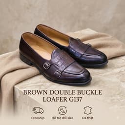 GIÀY DA BÒ NAM SAINT STEFANO G137 – LOAFER KHÓA ĐÔI MÀU NÂU – MŨ DẬP VÂN CÁ SẤU 1