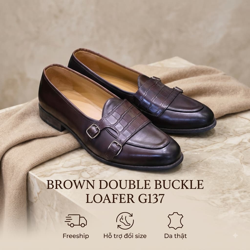 GIÀY DA BÒ NAM SAINT STEFANO G137 – LOAFER KHÓA ĐÔI MÀU NÂU – MŨ DẬP VÂN CÁ SẤU
