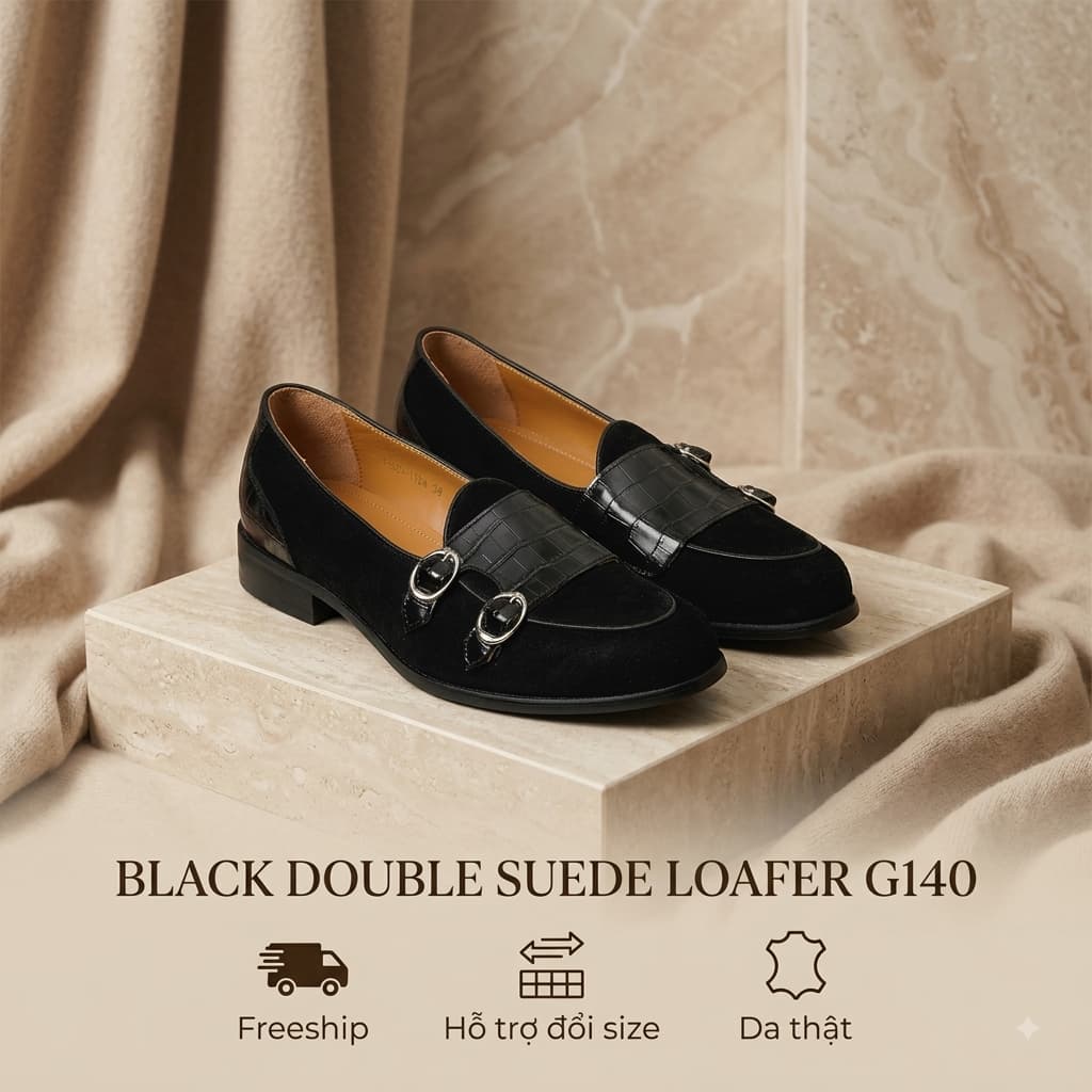 Giày Saint Stefano G140 - Da Lộn Đen – Da mũ dập vân cá sấu