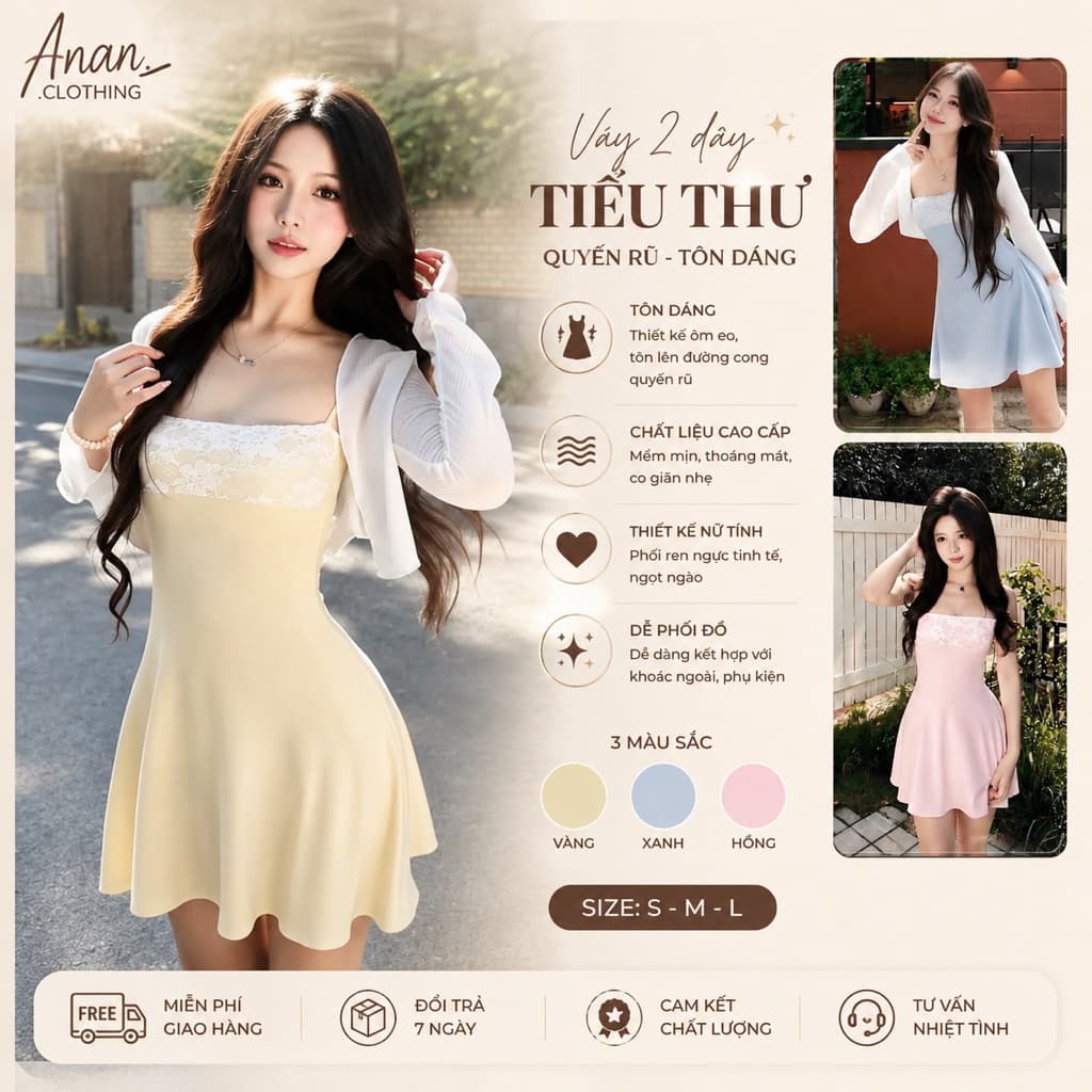 Váy Tiểu Thư “Hạ Thu” Viền Ren Dáng A Xoè Nhẹ Màu Pastel Dịu Dàng Nữ Tính Kèm Khoác