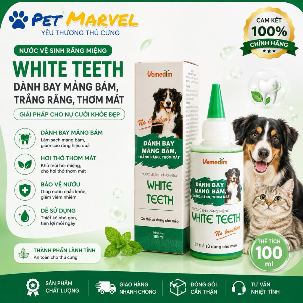 Gel vệ sinh răng miệng - gel loại bỏ cao răng, trắng răng, diệt vi khuẩn cho chó mèo White Teeth Vimedim 100ml