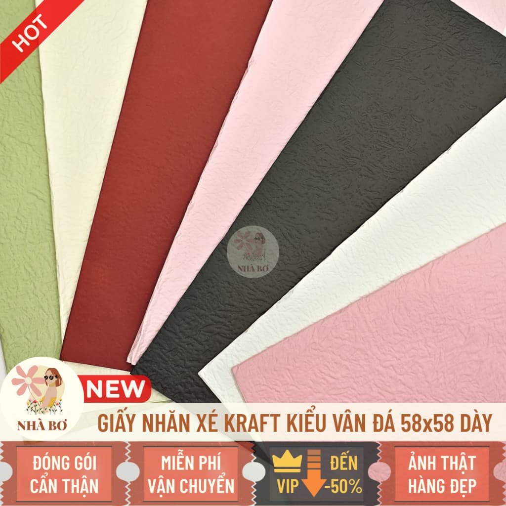 5 giấy nhăn xé kraft kiểu vân đá 58x58 dày form gói hoa trang trí handmade DIY - Hoa Sáp Nhà Bơ