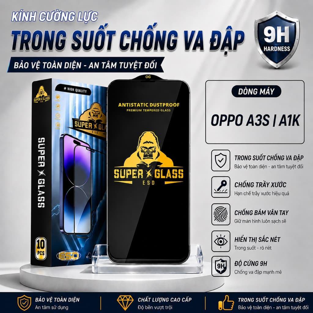 Kính cường lực Oppo A3S, A1K cao cấp thế hệ mới full màn miếng dán bảo vệ màn hình điện thoại