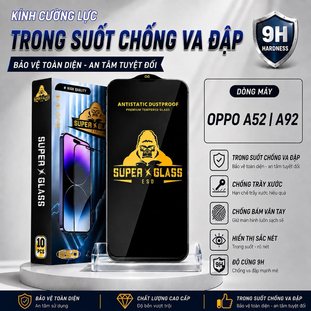 Kính cường lực Oppo A52 / A92 cao cấp full màn miếng dán bảo vệ màn hình điện thoại khi rơi va đập