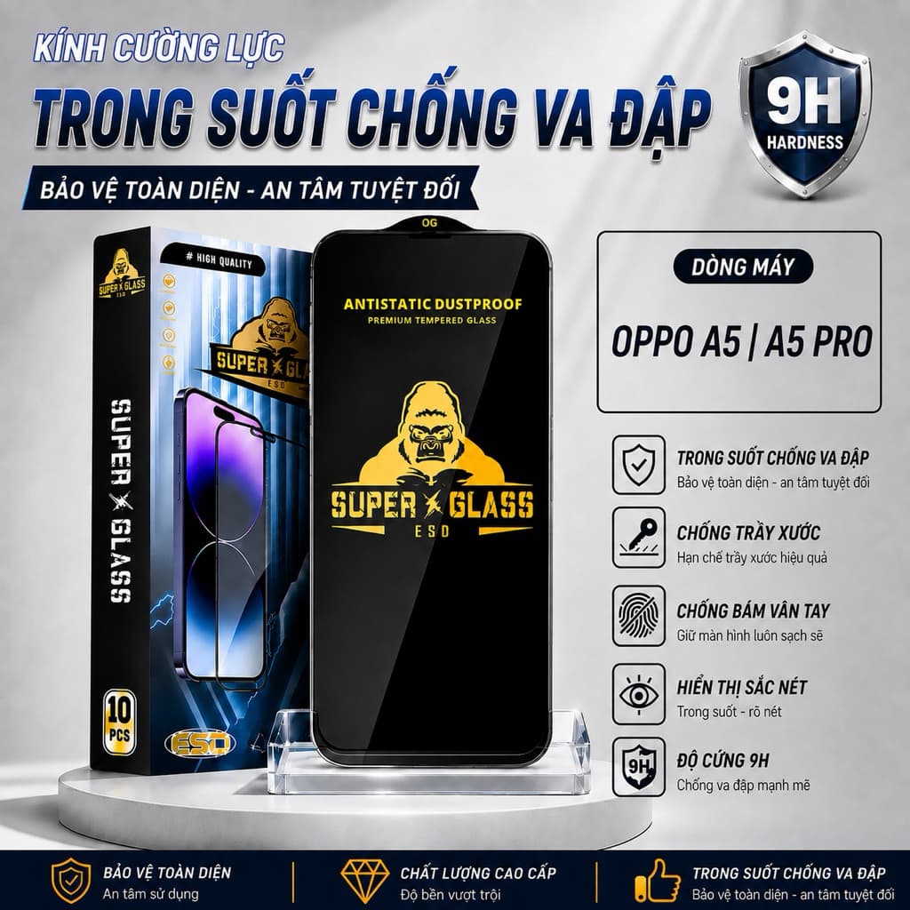 Kính cường lực Oppo A5, A5 Pro cao cấp thế hệ mới full màn miếng dán bảo vệ màn hình đt