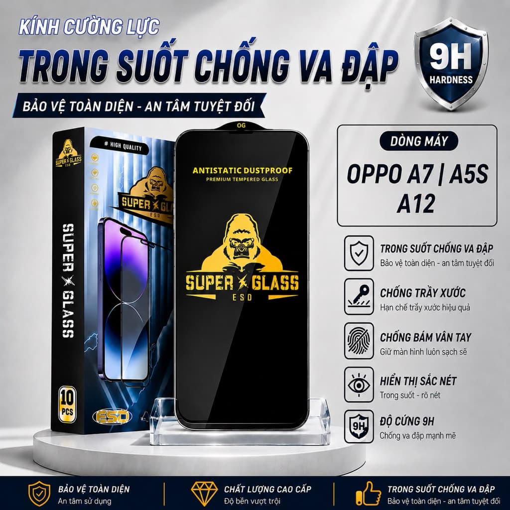 Kính cường lực Oppo A5S, A12, A7 cao cấp thế hệ mới full màn miếng dán bảo vệ màn hình điện thoại