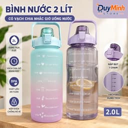 Bình nước thể thao 2 lít có vạch chia giờ nhắc nhở uống nước bình đựng nước cỡ lớn kèm ống hút 1