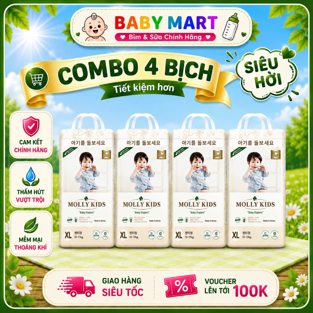 (COMBO 4BỊCH) BỈM MOLLY KIDS HÀN QUỐC MỎNG MỀM THẤM HÚT TỐT CHO BÉ