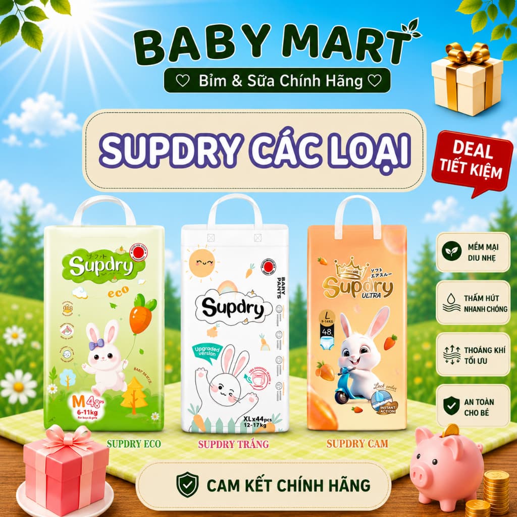 (COMBO 2 BỊCH) Tã Bỉm Supdry Trắng, Eco, Ultra, Premium Siêu Thấm Hút, Mỏng Nhẹ Cho Bé (Dán/Quần | Size NB–4XL)
