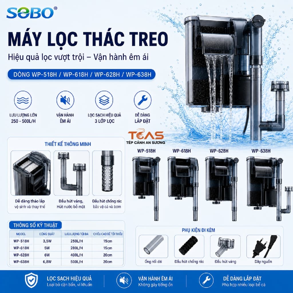 Lọc thác SOBO WP 518H | 618H | 628H | 638H - Lọc thác treo có lọc váng bể cá cảnh, bể thủy sinh