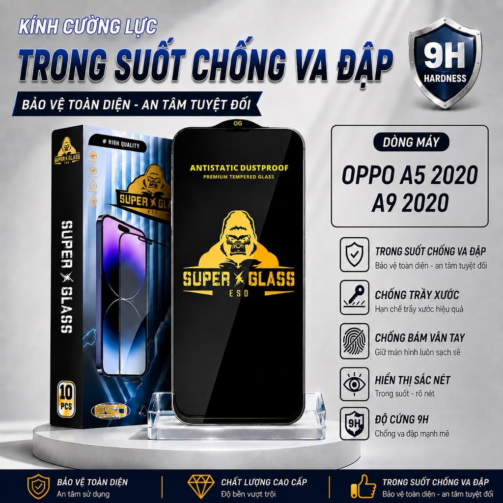 Kính cường lực Oppo A5 2020, A9 2020 cao cấp full màn miếng dán bảo vệ màn hình điện thoại