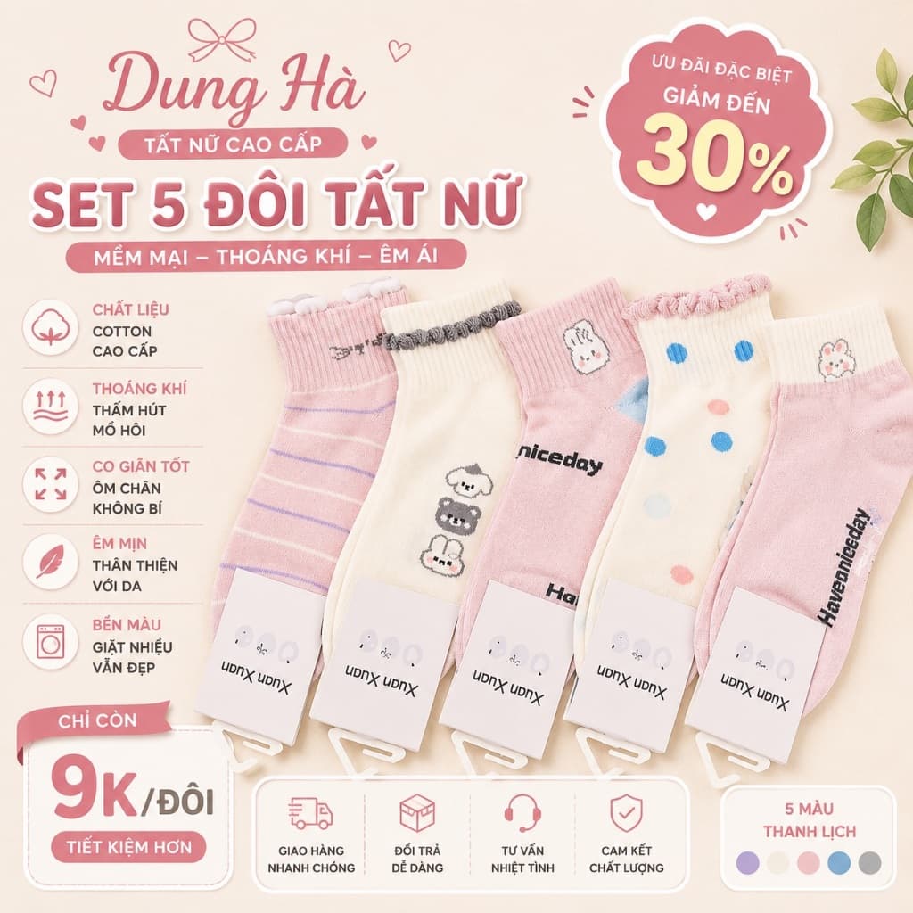 Tất Nữ Cổ Ngắn Chất Cotton Mềm Mại Êm Chân Hoạ Tiết Gấu Hồng Chấm Bi  Mix Đồ Cực Xinh