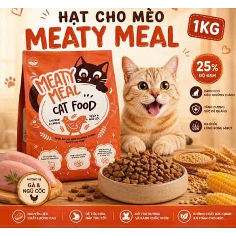 Combo 3 túi(=3kg) Thức ăn Hạt Khô Cho Mèo vị gà ngũ cốc Meaty Meal Dành Cho Mèo Trưởng Thành