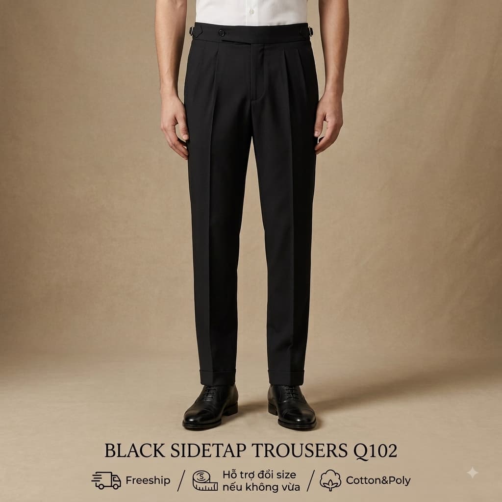 Quần Âu Nam Saint Stefano Q102 – Side Tabs Khóa Siết Hông – Đen Classic – Ít Nhăn
