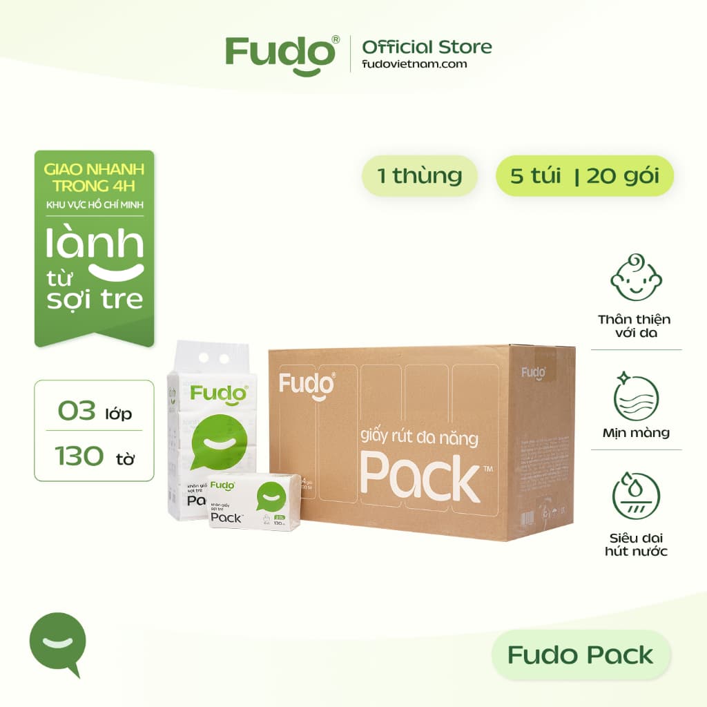 [20 GÓI] Khăn giấy Fudo gói rút để bàn 3 lớp 100% sợi tre tự nhiên không tẩy trắng - 5 Túi x 20 Gói