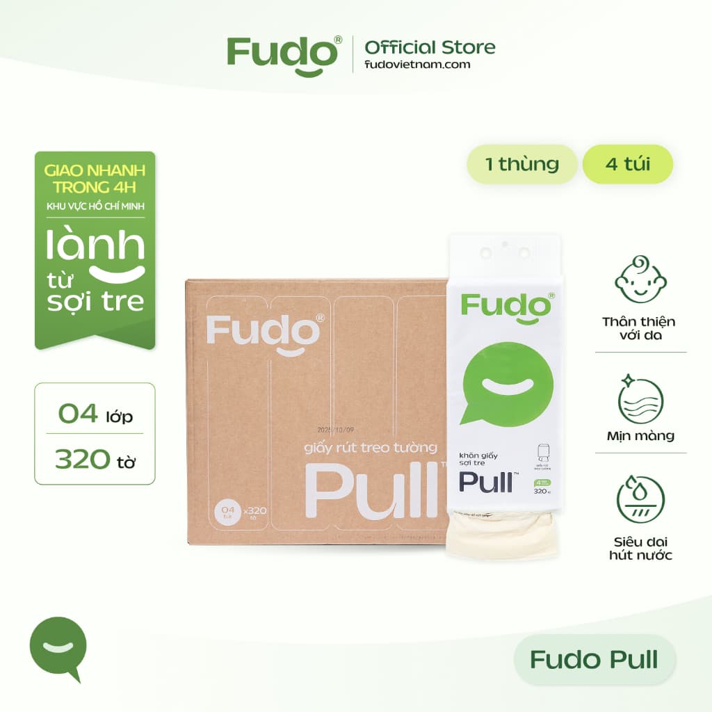 [4 BỊCH] Khăn giấy Fudo rút đáy treo tường tiện lợi 3 lớp 100% sợi tre tự nhiên không tẩy trắng