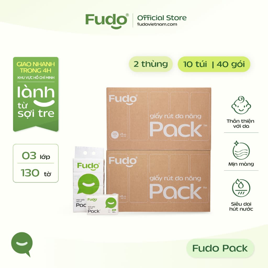 [2 THÙNG] Khăn giấy rút Fudo để bàn 3 lớp 100% sợi tre tự nhiên - 2 Thùng x 10 Túi x 40 Gói