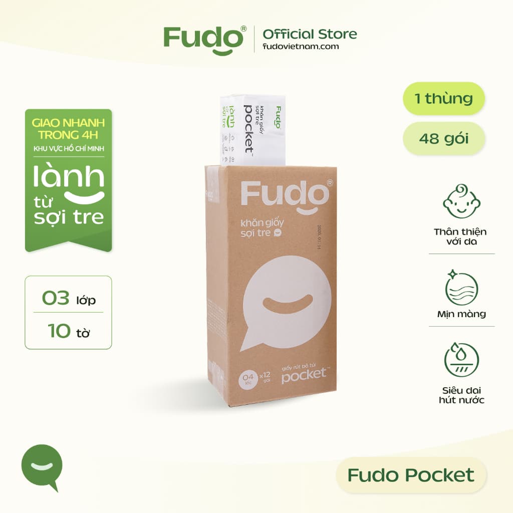 [48 GÓI] Khăn giấy bỏ túi Fudo 3 lớp 100% sợi tre tự nhiên không tẩy trắng nhỏ gọn bỏ túi tiện lợi