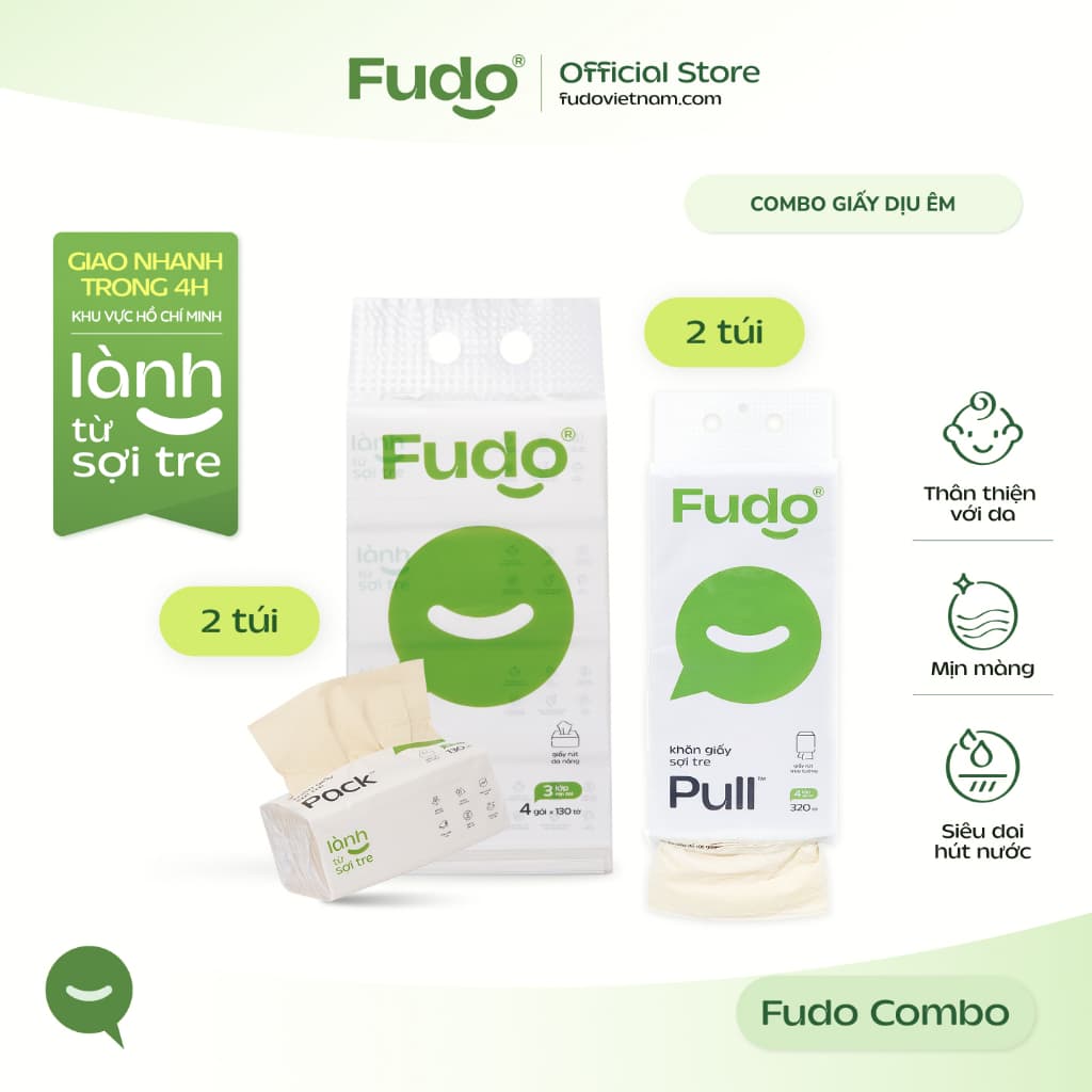 [COMBO 4 TÚI] Khăn giấy Fudo 3 lớp 100% sợi tre tự nhiên không tẩy trắng - 2 Túi để bàn x 2 Túi treo
