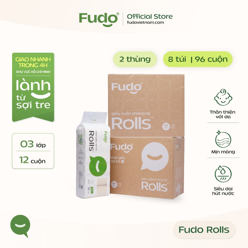 [2 THÙNG] Giấy Fudo cuộn 3 lớp 100% sợi tre tự nhiên, không tẩy trắng, không lõi - 96 cuộn