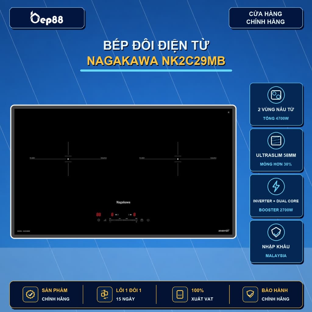 Bếp đôi điện từ Nagakawa UltraSlim NK2C29MB | Nhập khẩu từ Malaysia | Hệ điều hành kép | BH 5 năm tại nhà