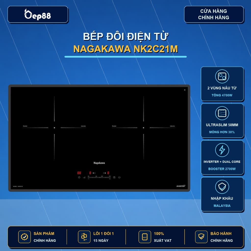 Bếp đôi điện từ Nagakawa UltraSlim NK2C21M | Bếp từ đôi nhập khẩu từ Malaysia | BH 5 năm tại nhà