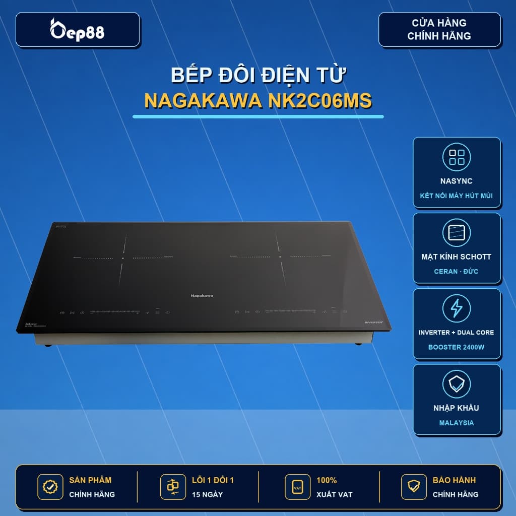 Bếp đôi điện từ Nagakawa NK2C06MS | Nhập khẩu Malaysia | Mặt kính ĐỨC | BH tại nhà 5 năm