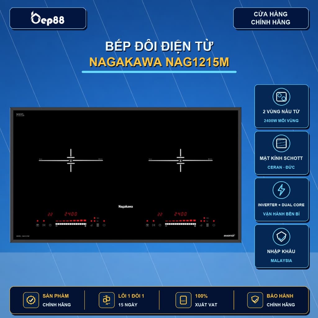 Bếp đôi điện từ Inverter Nagakawa NAG1215M | Nhập khẩu từ Malaysia | Mặt kính Đức | BH tại nhà 5 năm